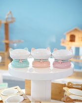 Subdarling Macaron Color High Foot Butterfly Knot Cat Ear Ceramic Exposure Bowl Pet Kitty Canned Cat Food Bowl