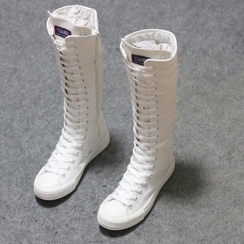 远步新款帆布鞋高帮拉链长筒靴女舞台演出靴帆布靴系带帆布鞋女鞋