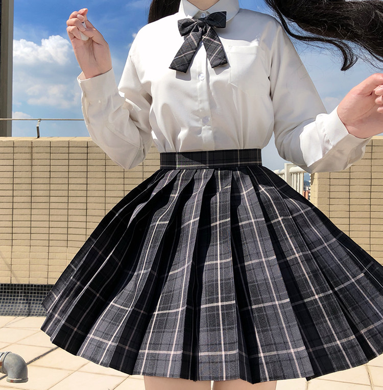 实拍烟灰格裙日式jk制服清新软妹学院风格子领结高腰格纹百褶 - 17网