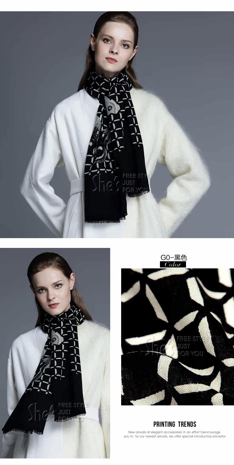 shes茜子长款围巾 黑白优雅蝴蝶格子纯羊毛时尚保暖披肩 配饰