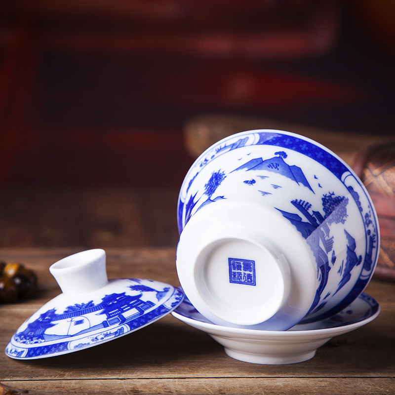 Jingdezhen tureen under glaze blue and white porcelain cups large tureen tea kungfu three bowls