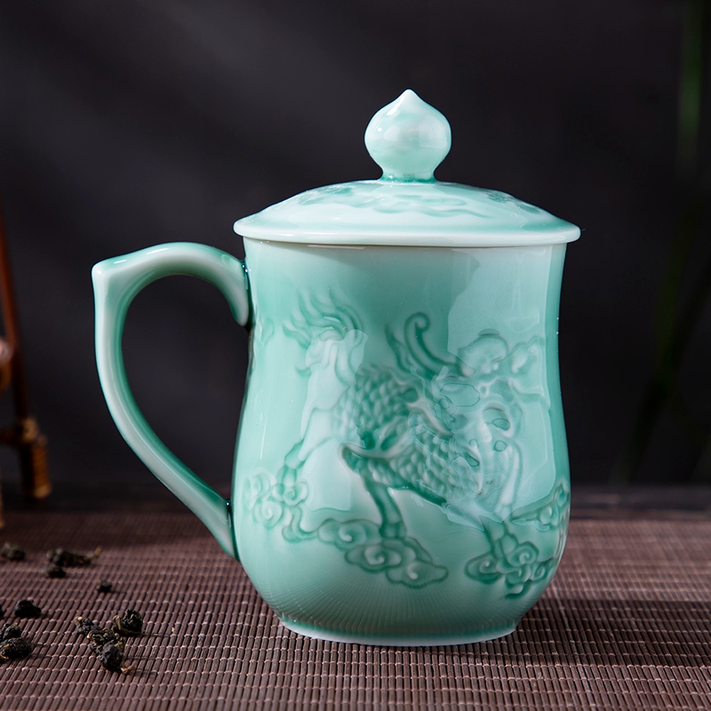 Office of jingdezhen ceramic cups with cover glass, household cup celadon personal keller cup gift reliefs