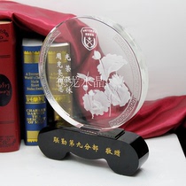 Crystal carved lotus ornaments Crystal lotus carved medals Crystal disc carved lotus Retired employee gifts