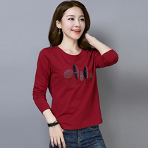 Long-sleeved base shirt Cotton T-shirt womens spring and autumn mother outfit top loose large size thin fashion middle-aged blood