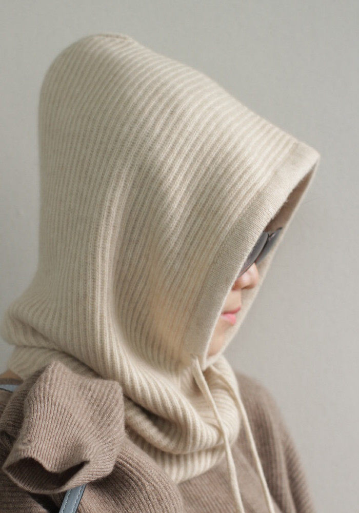 抽绳系带全羊绒帽秋冬帽子百搭毛线帽纯色针织帽男女通用脖套围脖_7折