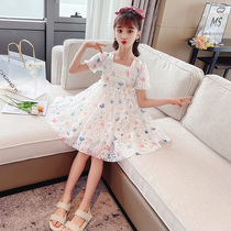 Girls summer dress 2021 new girl fashionable foreign style princess dress Korean childrens lace floral yarn skirt