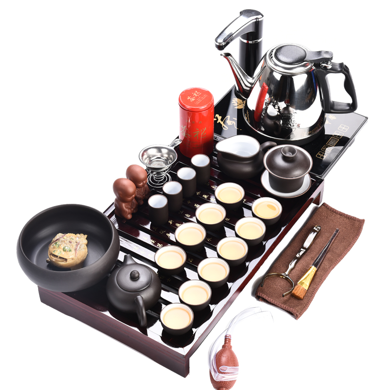 JiaXin kung fu tea set purple sand pottery and porcelain of a complete set of tea taking of a complete set of contracted solid wood tea tray storage disc household utensils