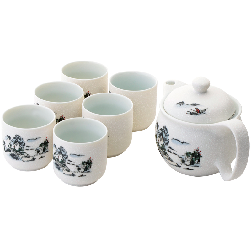 JiaXin tea set ceramic white porcelain of a complete set of kung fu tea set a pot of six cups of landscape snowflakes glaze tea set