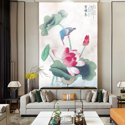 鑫雅中式蓝色彩绘荷花水墨玄关背景墙布墙纸壁画壁纸走廊过道定制