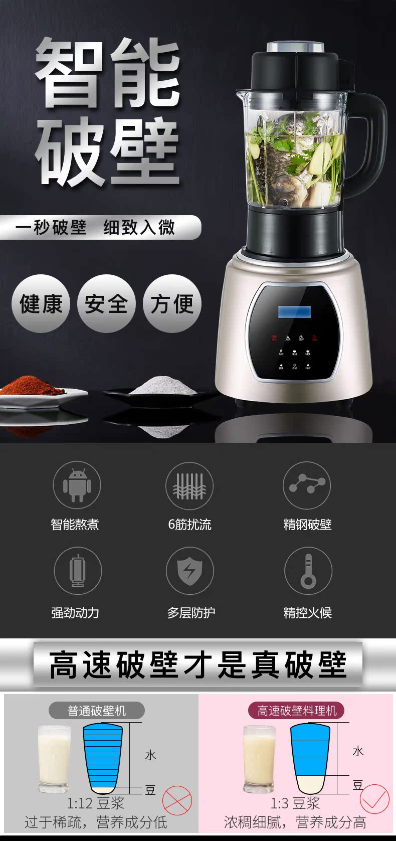 智破一秒破壁细致入微健康安全方便智能熬煮6筋扰流精钢破壁强劲动力多层防护精控火候高速破壁才是真破壁普通破壁机高速破壁料理机水水□1:12豆浆1:3豆浆过于稀疏,营养成分低浓稠细腻,营养成分高-推好价 | 品质生活 精选好价