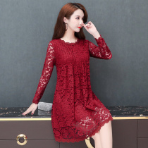 Belly long sleeve lace dress autumn dress autumn 2021 New Age reduction temperament foreign style Big Mother Base skirt