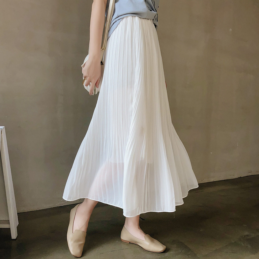 雪纺半身裙春夏百褶松紧腰显瘦荷叶边chic大摆伞裙鱼尾仙女长裙子