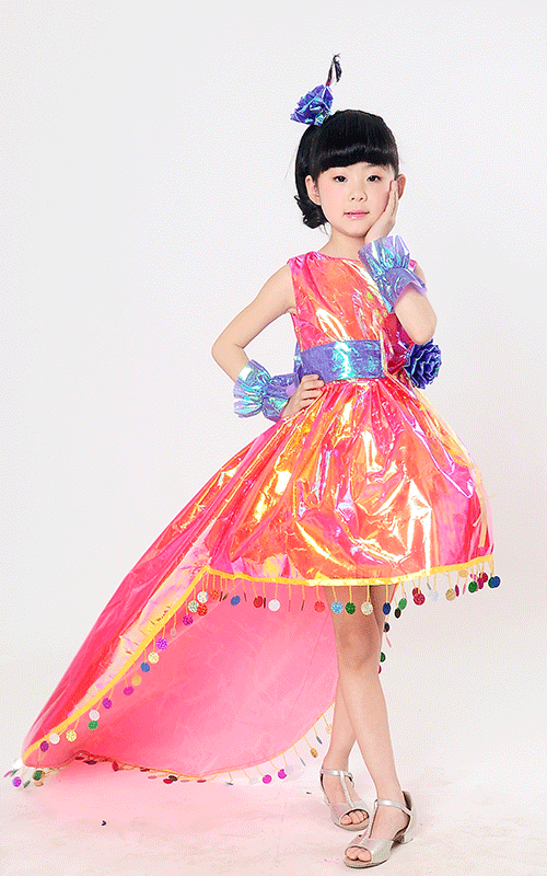 新款儿童环保表演服装时装秀演出服亲子装女公主裙diy亲子装走秀