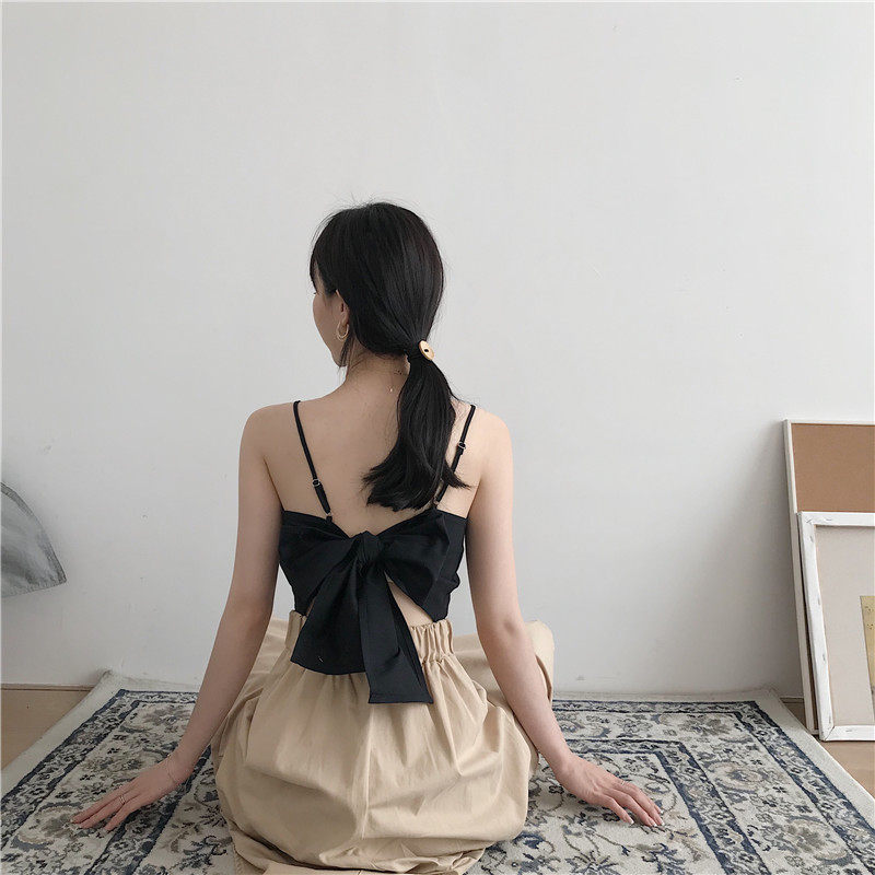 网红泫雅小吊带女夏外穿设计感性感蝴蝶结绑带露背美背短款上衣潮