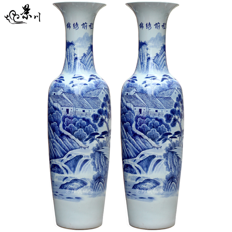 Jingdezhen ceramics hand - made of blue and white landscape bright future landing big vase decoration sitting room furnishing articles