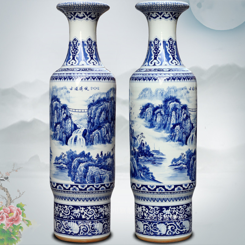 Jingdezhen blue and white ceramics craft painting ancient wind antique vase opening taking 1.8 m 2 m