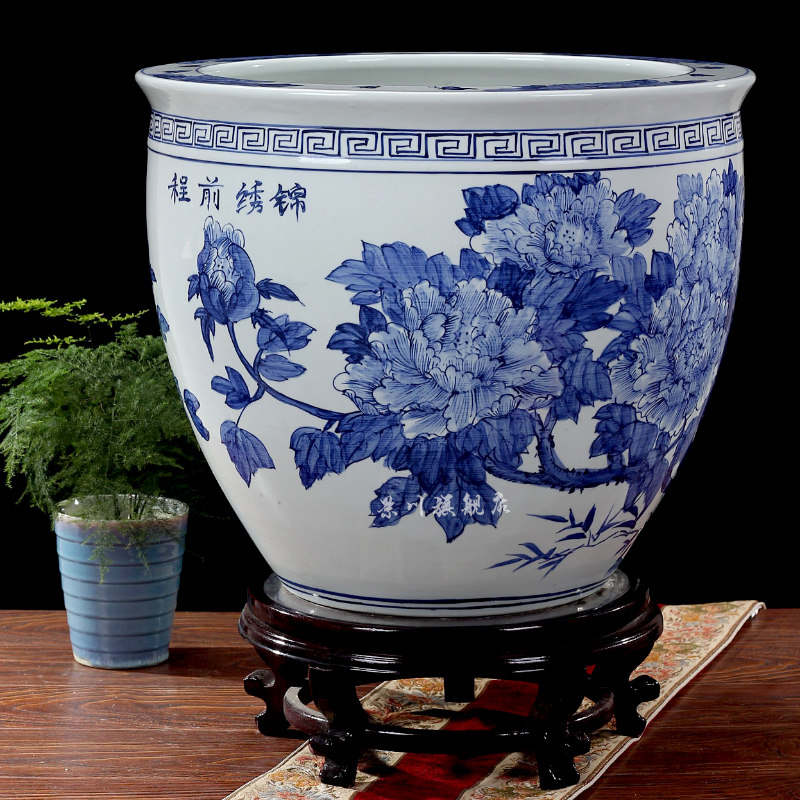 Blue and white porcelain of jingdezhen ceramics hand - made bright future water lily gold tortoise aquariums household adornment furnishing articles