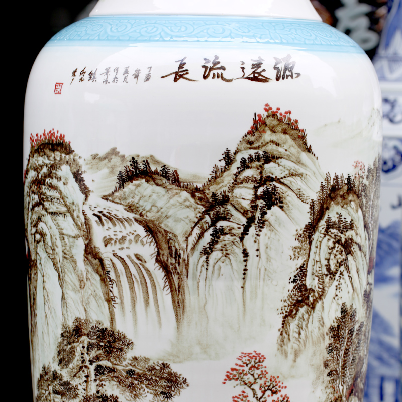 Jingdezhen porcelain has a long history in the hand - made color ink landscape painting big vase home sitting room be born modern furnishing articles