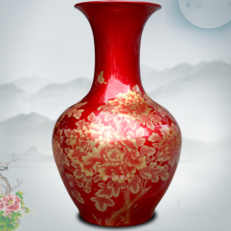 Jingdezhen ceramics China red crystal glaze paint peony flower landing big vase household act the role ofing is tasted furnishing articles