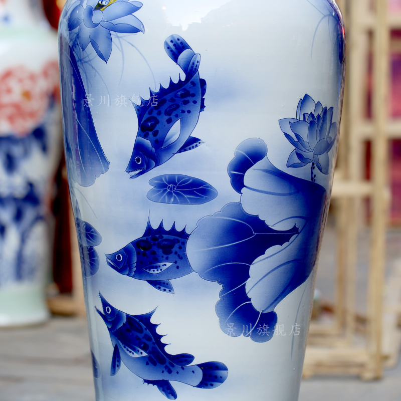 Hand - made harmony is the blue and white porcelain lotus fish landing big vase jingdezhen ceramics sitting room adornment furnishing articles