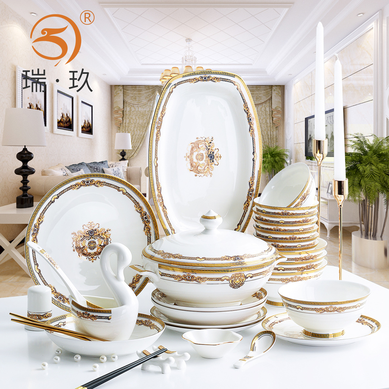 Light luxury bone china tableware dishes set home 60 head housewarming gift tableware European style hotel tableware set dishes and plates