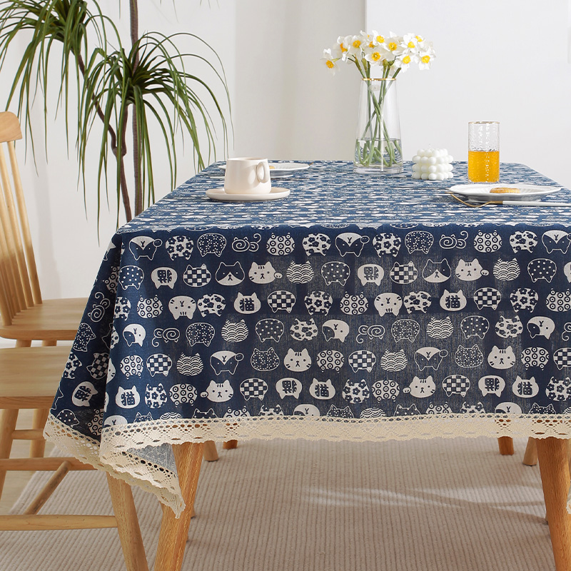 Instagram Cotton Linen Table Cloth Fabric Art Network Red Girl Heart Checkered Desk Cushion Rectangular Small Fresh Tea Table Cushion Dining Table Cloth (1627207:23848854799:Color classification:蓝底猫花边;5573946:56712576:specifications:80X120cm)