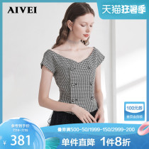 AIVEI Xinhe Ivy 2021 summer new V-neck double-breasted British style short-sleeved houndstooth top M0160034