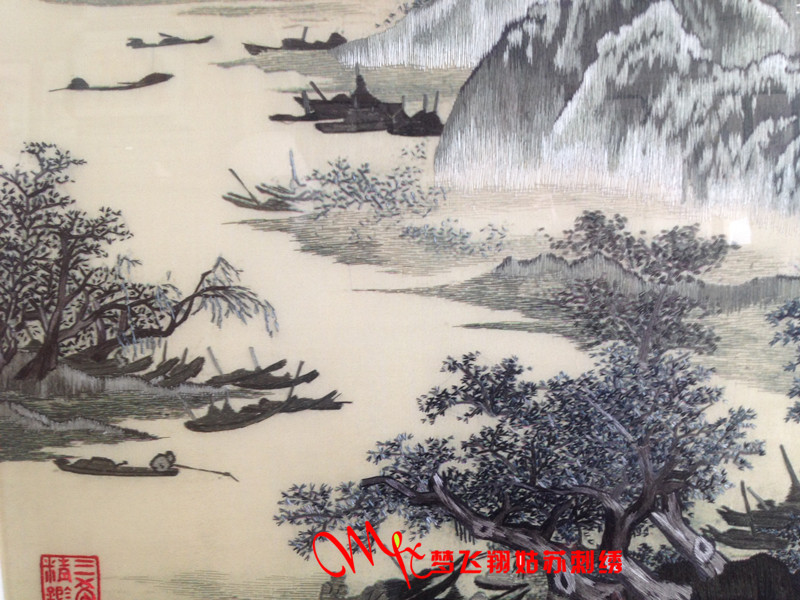 苏绣刺绣成品挂画唐寅山水手工刺绣客厅卧室书房刺绣挂画现代中式
