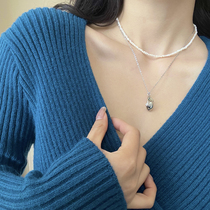 South Korean niche design a three-wear 100 hitch senior feel baroque pearl temperament pendant necklace woman lock bone chain