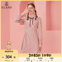 ELAND Clothes Romance Summer Sweet temperament Long Sleeves Dress Lady in the Slender Plaid FIRST LOVE TEMPERAMENT