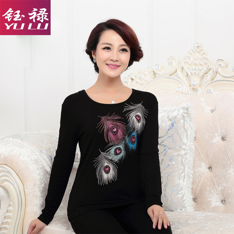 Daily Secret Price Anne Luqiu Winter Lady T-shirt Mid-Old Modale Long Sleeve Printed Patch Drill Mother Dress Undershirt