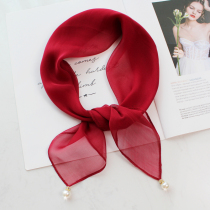 Joker fashion nail beads 100% pure silk wine red small square scarf mulberry silk scarf Autumn Lady decoration