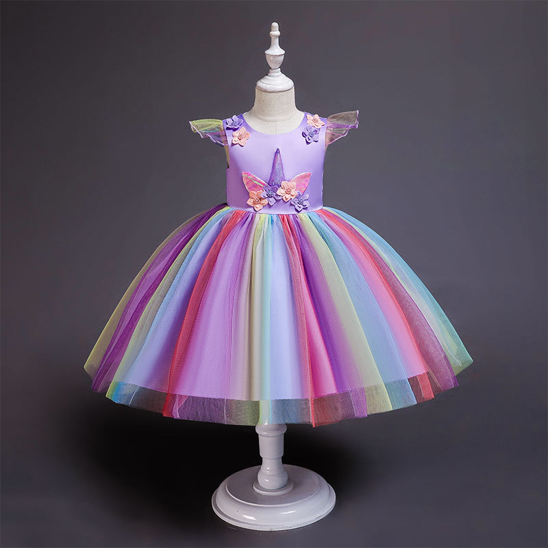 Foreign Trade Girl Foreign Dress European and American Halloween Child Dress Pure Cotton Performance Flowers Children Dress Wedding Dress Rainbow Princess Dress