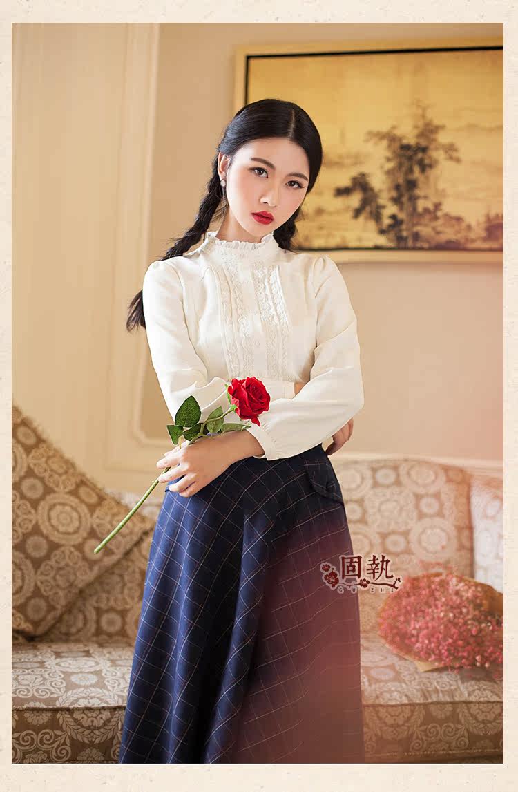 固执2016女装春夏新款文艺复古甜美木耳边蕾丝长袖衬衫