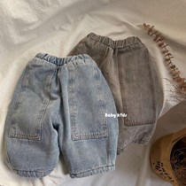 Japanese and Korean childrens clothing 2020 winter baby retro plus velvet padded jeans boys and girls make old dirty pants