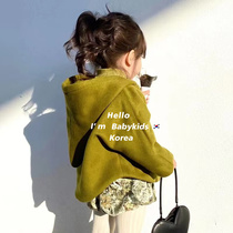 2022 autumn winter new girl fashion suit Korean version female baby even cap fur coat flower bud pants two sets of damp