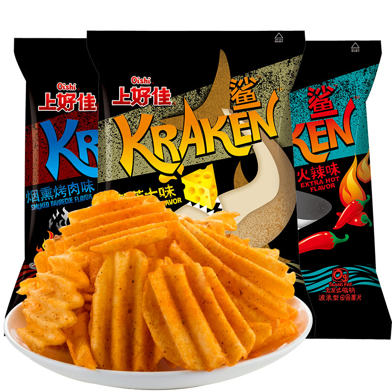 上好佳鲨90g*3包 大波浪型田园薯片袋装芝士/火辣/烤肉味休闲零食
