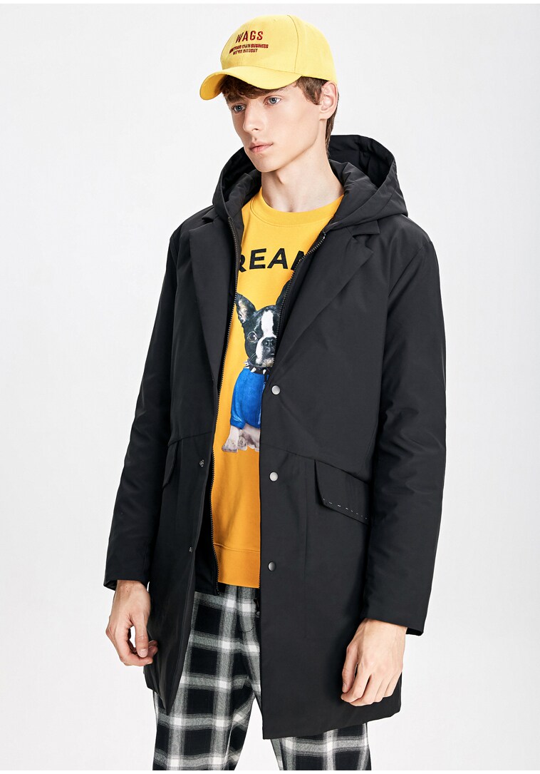 trendiano男装冬装休闲中长连帽口袋90绒羽绒服3gc333878p