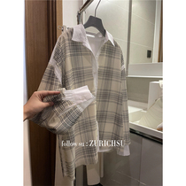 Artistic Plaid collage elegant yellow Yong lazy shoulder sleeve double-layer Plaid hair edge shirt