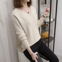 2020 autumn and winter new large size women's 200kg fat sister loose V-neck sweater temperament belly-covered knitted bottoming shirt