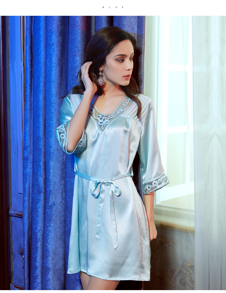 狄兰丝真丝睡衣桑蚕丝睡裙女春秋新品丝绸家居服性感镂空睡衣6081