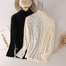 Autumn and winter new semi-high collar lace base shirt female foreign style interior small shirt high-grade temperament mesh top long sleeve