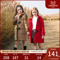 girls' woolen coat autumn winter 2022 new foreign style little girl horn buttons children's woolen coat medium and large children's clothing