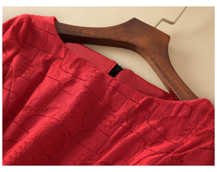 Một từ cổ áo ren váy retro màu đỏ mùa thu mới cao cấp tính khí mùa xuân và mùa thu quần áo của phụ nữ eo trung - A-Line Váy