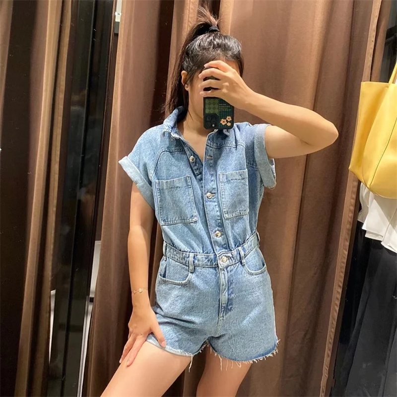 ZA夏季新款女装时尚复古高腰牛仔短裤连体裤4979/036 4979036-Taobao