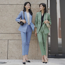 Spring high-end double row green commuter suit female wear skinny suit skinny suit two pieces of skinny suit