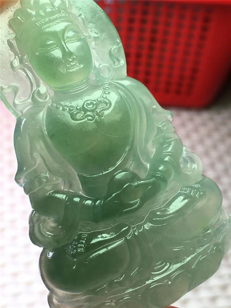 天然冰底色度母翡翠吊坠缅甸a货水润冰透翡翠毛货男女保平安挂件