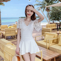 White swimsuit female one-piece thin belly skirt conservative small chest gathered hollow Korean ins holiday swimsuit