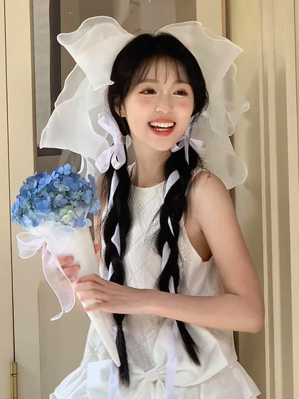 Princess Bow Veil과 Collar Bride 제안서 머리 장식 사진 소품 Super Fairy Sweet Apperment Multi-Layer Simple Princess Bow Veil과 Collar Bride 제안서 머리 장식 사진 소품 Super Fairy Sweet Apperment Multi-Layer Simple
