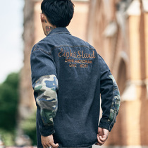 Hearthstone denim shirt mens long-sleeved 2021 autumn camouflage stitching jacket mens loose tide brand casual tooling shirt